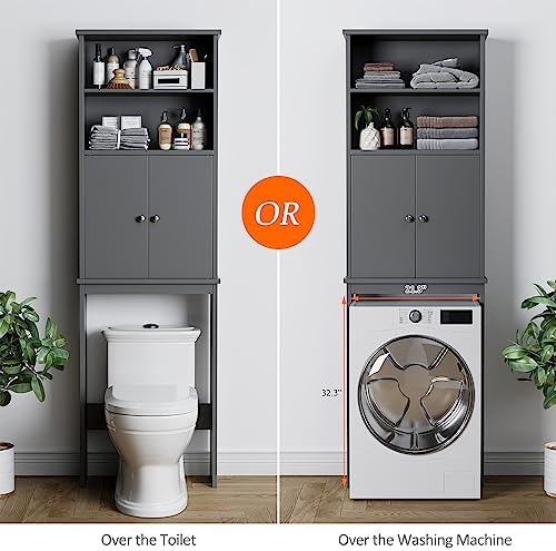 Over the Toilet Storage Cabinet for Bathroom, 75in Over Toilet Cabinet Freestanding Storage Organizer, Space Saver with Doors and Adjustable Shelf, Grey - Image 4