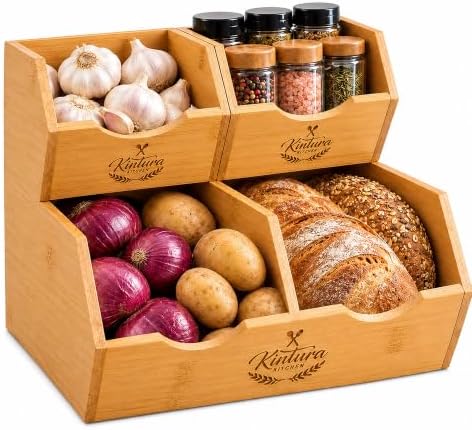 Stackable Bamboo Pantry Storage Bins, Potato Onion Storage Organizer, 3-Tier Fruit and Vegetable Basket with Easy Access Design, Countertop Pantry Organizer for Kitchen Storage and Organization by Unknown