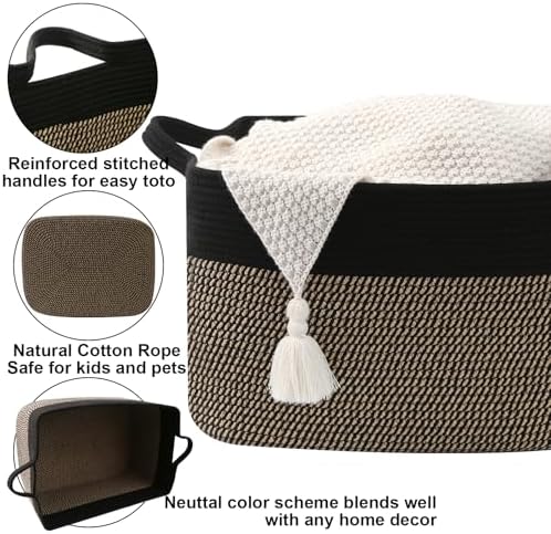 65L Laundry Basket with Handles, Woven Blanket Basket, Black/Jute - Image 3