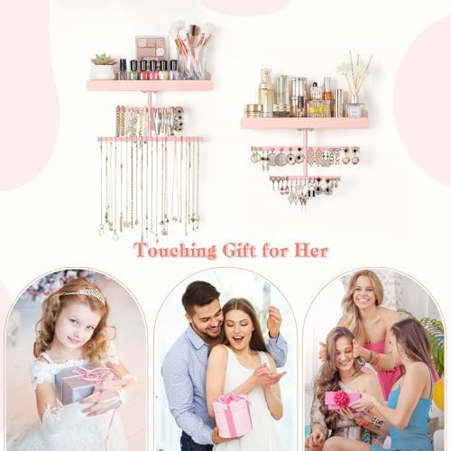 Keebofly Jewelry Organizer Wall Mounted Hanging with Wooden Shelf for Kids, Girls, Teens, Jewelry Holder Storage Display for Earring, Necklace, Bracelet, Bow, Pink, (Patented) - Image 7