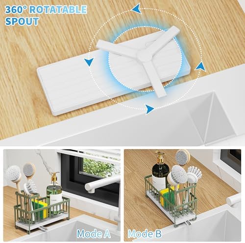 Cisily Sponge Holder for Kitchen Sink, Sink Caddy Organizer with High Brush Holder, Kitchen Countertop Organizers and Storage Essentials, Rustproof 304 Stainless Steel (Sage Green, 9.25″) - Image 2