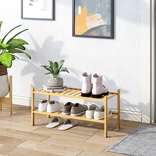 BMOSU 2-Tier Bamboo Shoe Rack Premium Stackable Shoe Shelf Storage Organizer for Hallway Closet Living Room Entryway Organizer (Natural Bamboo) - Image 2