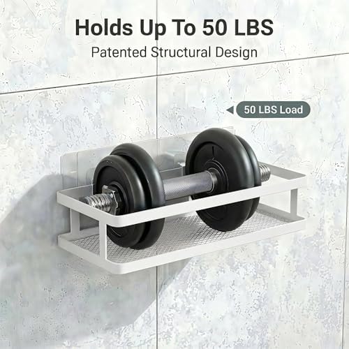 PUSDON 2-Pack Minimalist Shower Caddy Wall Mount, Open Frame Bathroom Shelf Organizer with Mesh Base, Rustproof Floating Spice Rack for Kitchen, Holds 50 LBS, 4 Hooks - White, Guardrail - Image 5