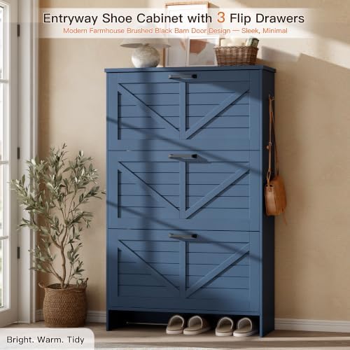 Nicetree Farmhouse Blue Shoe Cabinet – Ultra Slim 3-Drawer Flip Organizer with Shaker Barn Door Accent, 3-Tier Adjustable Shelves, and Sturdy Freestanding Frame – Space Saving - Image 3