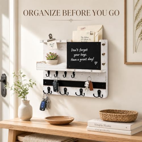 Key Holder Wall Mount with Shelf, Key Hooks for Wall, White Washed - Image 4