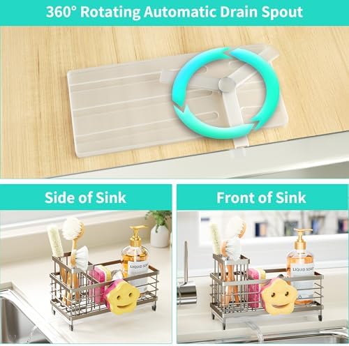 HapiRm Sink Caddy Sponge Holder - Self-draining Kitchen Sink Organizer with Smiley Face and Brush Holder, Stainless Steel Kitchen Organizer for Countertop - Brushed Nickel - Image 2