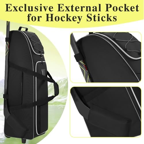 41-Inch Hockey Bag with Wheels, Large Ice Hockey Duffel Travel Bag for Equipment & Gear, 2 Sticks Field Hockey Bag with Separate Shoe Compartment (Black) - Image 4