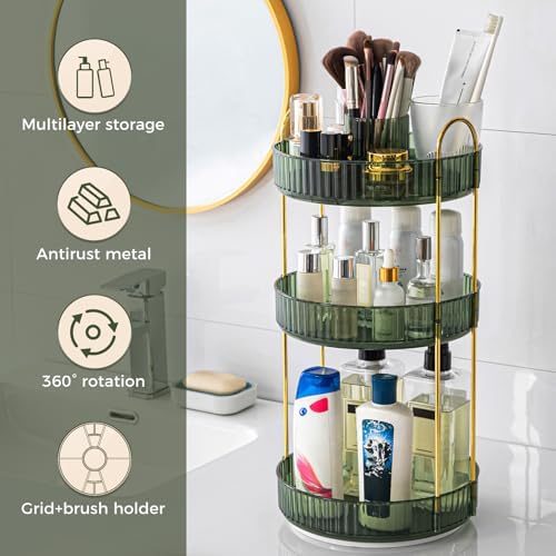 360° Rotating Makeup Organizer, Upgraded 3 Tier Skincare Perfume Organizers for Women, Bathroom Organizer Countertop, Clear Cosmetic Dresser Organizer with Makeup Brush Holder, Sink&Counter (Green) - Image 5
