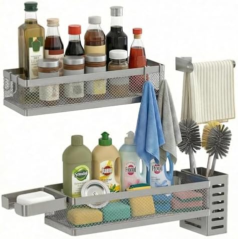 PUSDON 5-in-1 Wide Wall Mount Wrapped Mesh Kitchen Organizer & Shower Caddy Kit, with Paper Towel Holder, Utensil Holder, Soap Dish, Heavy Duty 50LBS - Silver Gray, Netting by PUSDON
