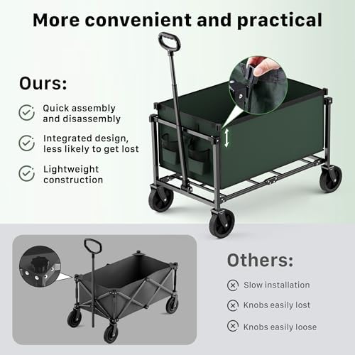29.3" Collapsible Wagon Cart, 150L Heavy Duty Folding Utility Wagon with Wheels, 260 lbs Load, Portable Rolling Cart for Garden, Shopping, Sports, Camping, Army Green - Image 6