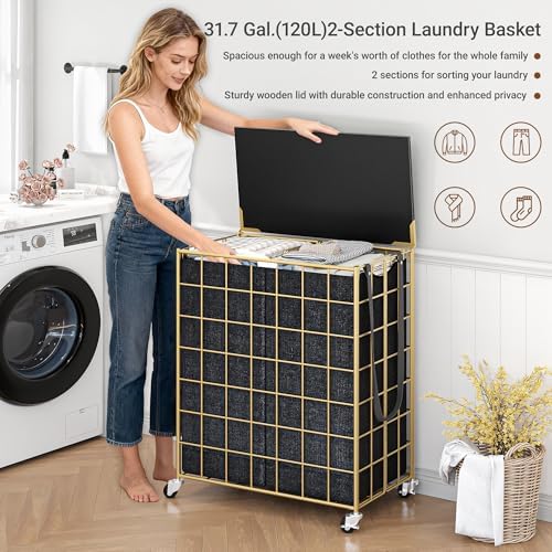 120L Laundry Basket with Wheels, Large Capacity Laundry Hamper with 3 Separate Removable Liner Bags, Heavy Duty Laundry Sorter with Solid Wood Lid & Leather Handles, Golden+Black, TLH002BG - Image 6