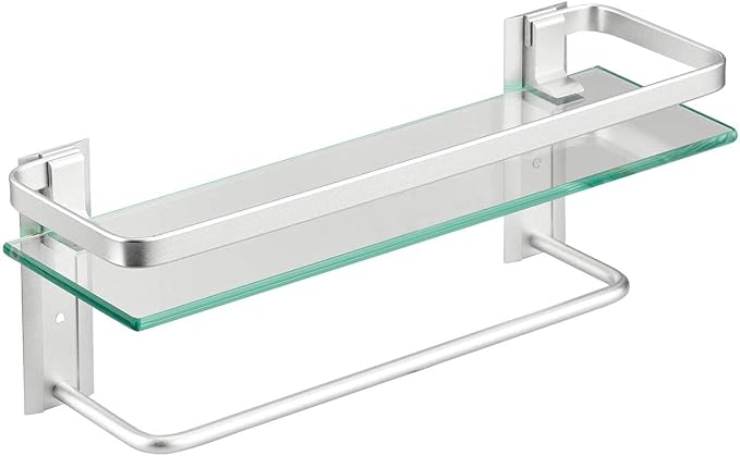 VOLPONE Glass Shelf with Towel Bar 15.7in Silver Bathroom Shelf Wall Mount Rustproof Bathroom Wall Organizer 1 Tier (Silver) - Image 7