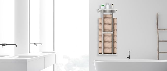 STWWO Bathroom Towel Storage for Bathroom, Wall Towel Rack for Rolled Towels, 30 inch Towel Holder Wall Mounted with Metal Shelf Can Holds 6 Large Towels, Brushed Nickel - Image 6