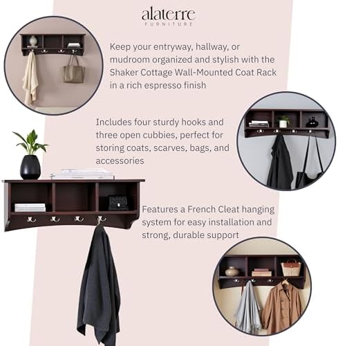 Alaterre Furniture Shaker Cottage Wall-Mounted Coat Rack with 3 Storage Cubbies and 4 Hooks – Space-Saving Storage Rack and Wall Shelf Organizer for Entryway, Hallway, or Mudroom (Espresso Finish) - Image 4