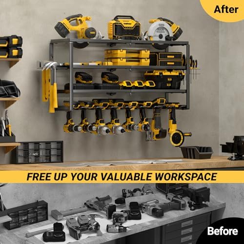 YYR 4 Layer Power Tool Organizer Wall Mount, Cordless Drill Hanger Storage Rack, Battery Tools Holder with Charging Station Shelf for Garage Organization, Workshop, Pegboard, Shed - 32 Inch 8 Slots - Image 5