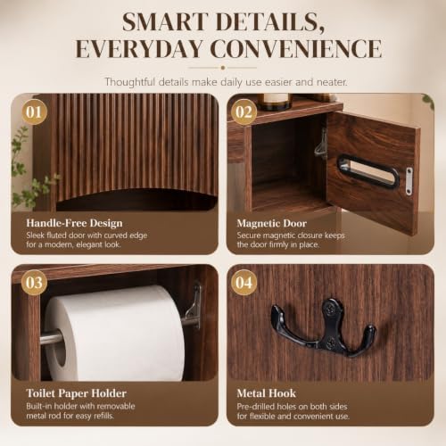VINGLI Over-the-Toilet Storage Cabinet, 31.5" W Dark Walnut Bathroom Space Saver with Fluted Curved Doors, Adjustable Shelf, Reversible Side Shelves, Toilet Paper Holder and Anti-Tip Kit - Image 4