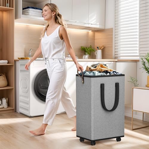 SpaceTrove Rolling Laundry Basket with Wheels, Laundry Hamper, 80L, Grey - Image 6