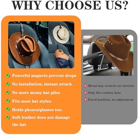 1 Pack Cowboy Hat Hanger for Car, Magnetic Hat Holder for Truck, Jeep, SUV, Headrest Hook Organizer for Caps, Keys, Sunglasses, Bags (Black) (1) - Image 6