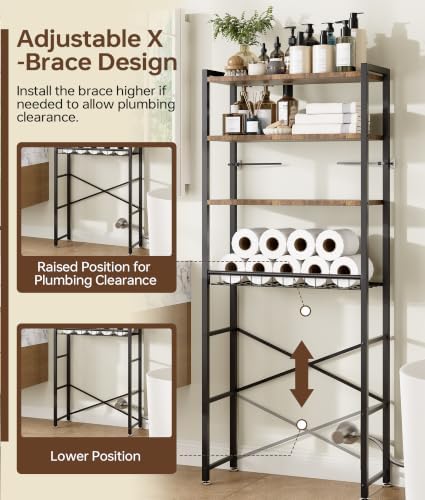 4-Tier Over-the-Toilet Storage Rack with One-Piece Wooden Shelves & Open Net Basket, Bathroom Organizer with Adjustable Feet & Anti-Tip Kit, Space-Saving Toilet Shelf, Brown, 24.4" x 9.4" x 69.3" - Image 3