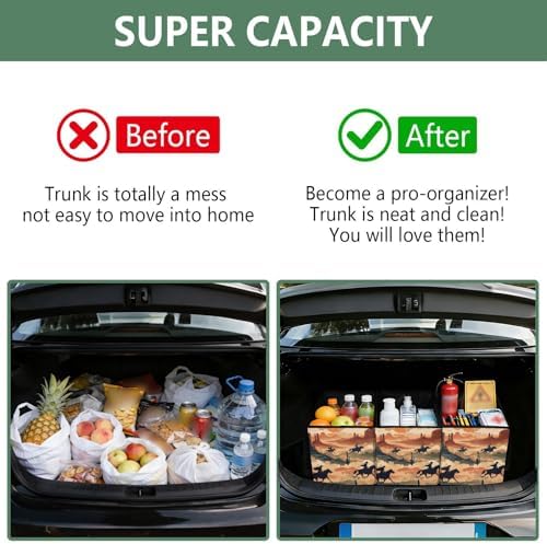 Trunk Organizer Collapsible Car Organizer with Handle Car Storage Box Bin for Groceries SUV Utility Tote Bag Portable Vehicle Container Beige Cowboy Gallop Western - Image 4