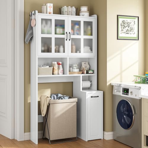 UPOSOJA Over The Toilet Storage Cabinet with Pulley Small Bathroom Storage Cabinet, Space Saver W/Adjustable Shelf & Glass Doors for Bathroom, Restroom, Laundry (Frosted Mirror-Type B) - Image 3