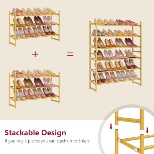 Tajsoon Expandable Shoe Rack for Closet 3 Tier, 28“-41“Stackable, Gold - Image 4