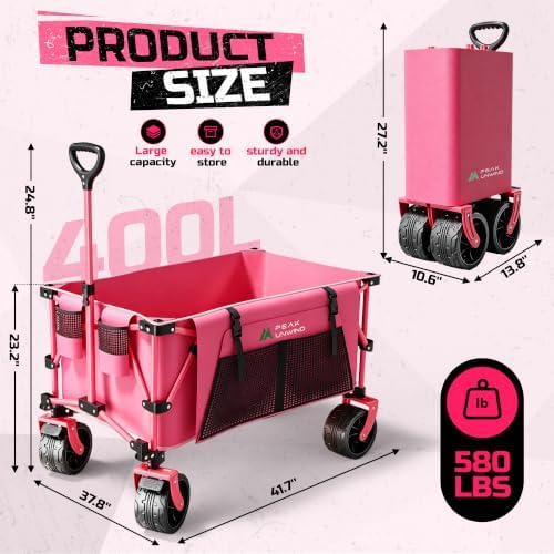 400L Folding Wagon Cart with Brakes & Removable Table, 580lbs Heavy Duty Collapsible Wagon, Big All-Terrain Wheels for Camping, Sports, Grocery, Outdoor - Pink - Image 2