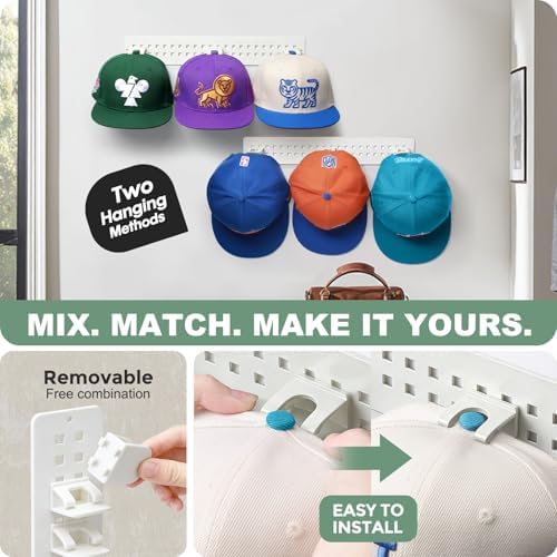 2 Pack Hat Organizer for Baseball Caps, Detachable DIY Hat Rack for Wall Hat Holder Hold up to 22 Hats, Baseball Cap Organizer Cap Holder Hat Hangers for Wall Closet Door Bedroom (C-White) - Image 4