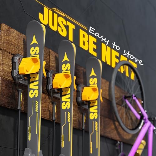 Ski & Snowboard Wall Rack for Garage Wall Fits Any Ski/board, Ski Wall Mount Holders Damage-Free Storage Rack, Garage Organization Space-Saving Winter Gear Organizer, Yellow, 4 Pack - Image 2
