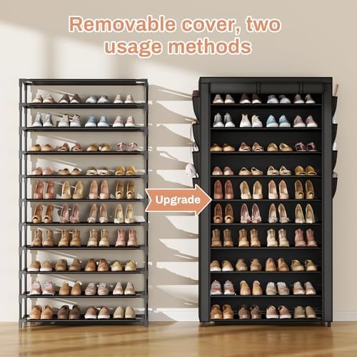 VTRIN Tall Shoe Rack with Cover, 10 Tier Shoe Organizer Storage for 50-55 Pairs Shoes and Boots Large Capacity Shoe Shelf with 8 Pockets Free Standing Shoe Rack for Closet, Entryway, Garage - Image 4