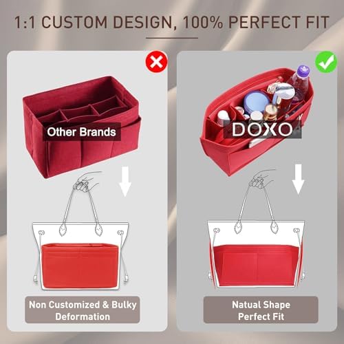 Doxo Purse Organizer Insert for Handbags & Base Shaper 2pc Set, Felt Neverfull PM Organizer Insert, Tote Bag Organizer with Zipper Pocket and Bottle Holder, Fit Neverfull PM and More, Red-M - Image 5