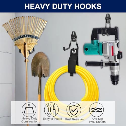 18 Pack Garage Hooks, Anti-Slip Coating, Hooks for Hanging Heavy Duty for Garages, Bicycles, Ladders, Gardening, Tools, Including 3 Organizing Straps - Image 7