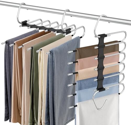 6 Layers Pants Hangers Space Saving Non-Slip Closet Organizer 2 Pack | Metal Space Saving Hangers Multi-Layer Multifunctional Rack Closet Organizers and Storage for Skirts Jeans Trousers(Black) by Besslly