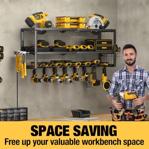 YYR Heavy Duty Power Tool Organizer with Charging Station, Cordless Drill Hanger Storage Rack, Battery Tools Holder Wall Mount Shelf for Garage - 32 Inch Equipped with Surge Protection Power Strip - Image 4