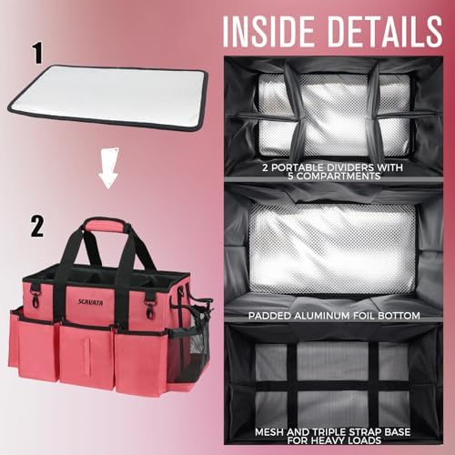 SCAVATA Wearable Cleaning Caddy Bag, Cleaning Caddy Supplies Organizer with Handle & Shoulder Straps for Housekeepers, Under Sink & Car Cleaning Tool Organizers with 4 Foldable Divider (RoseRed) - Image 4