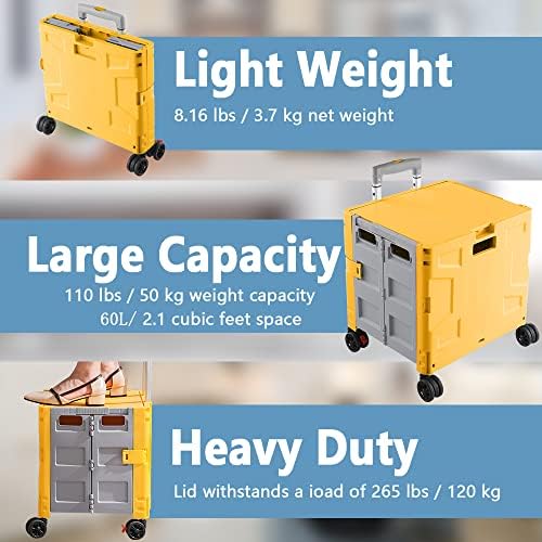 Foldable Shopping Utility Cart Portable Rolling Crate Handcart with 360°Rotate Wheel,Hidden Lid,Telescoping Handle Collapsible for Travel Shopping Moving Storage Office Use(Yellow/Gray) - Image 6