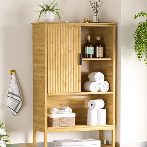 Yardenaler Over The Toilet Storage Cabinet with Fluted Doors, Bathroom Over Toilet Rack with Adjustable Shelf Bamboo FreeStanding Space-Saving Storage Organizer, Natural - Image 7
