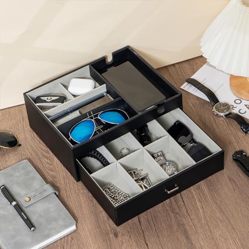 ProCase 2 Layers Valet Tray Gift for Men, Nightstand Organizer EDC Dump Catchall Trays with Phone Charging Station, Dresser Top Table Beside Entryway Storage Box -Black - Image 2