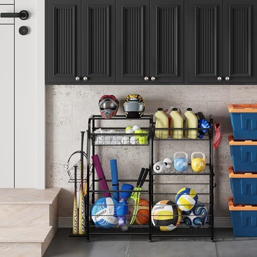 Garage Sports Equipment Organizer with Wheels - Ball Storage Rack with Elastic Rope or Wire Mesh,Garage Organizer System,Indoor/Outdoor Sports Rack for Sports Gear and Toys Storage,Black - Image 6
