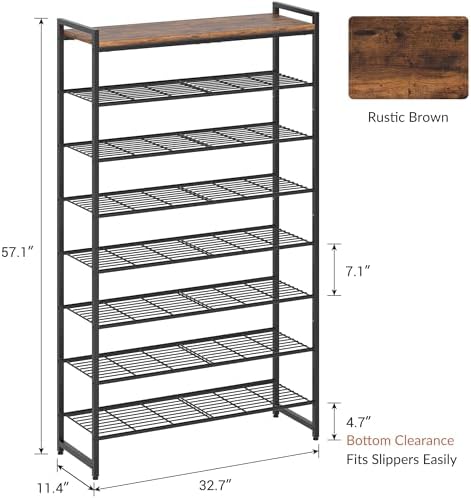 8 Tier Shoe Rack Organizer for 32-40 Pairs, Tall Metal Shoe Storage Shelf with Wood Top, Adjustable Boot Space, Narrow Design for Entryway Closet, Rustic Brown and Black - Image 3