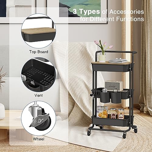 DTK 3 Tier Rolling Cart Uility Cart with Cover Board, Mobile Storage Cart with Wheels, Cups, Hooks for Office Utility Kitchen Bathroom Homeschool Art Craft Postpartum Teacher Cart Organizer(Black) - Image 3