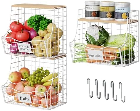 3 Pack Hanging Fruit Basket for Kitchen with Wood Lid - Onion and Potato Storage Fruit Bowl with Nameplate for Counter&Wall Mounted, Stackable Storage Basket,11.81 * 8.66 * 10.63inch by Jautokerdar