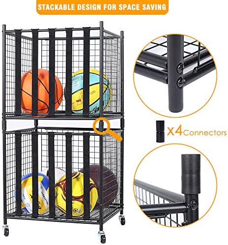 Snail Garage Sports Equipment Storage Organizer Sports Ball Storage Rolling Cart with Basket and Hooks Lockable Sports Ball Cage Storage Rack for Garages, Playgroup, Gym and Schools, Black - Image 5