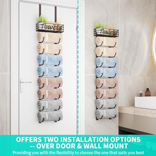 HapiRm Towel Racks for Bathroom Storage - 9 Tier Over The Door & Wall Mount Rolled Towel Storage Organizer Holder with Metal Shelf Basket for Small Bathroom, Camper, Rv - Bronze, Patented - Image 2