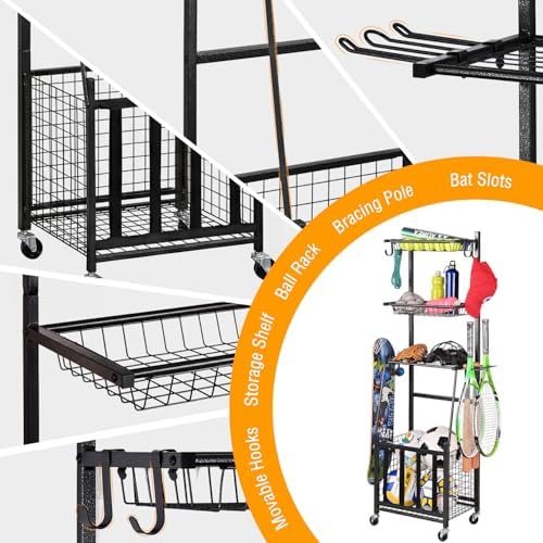 PLKOW Sports Equipment Storage for Garage, Indoor/Outdoor Sports Rack for Garage, Ball Storage Garage Organizer with Basket and Hooks,Toy/Sports Gear Storage - Image 4