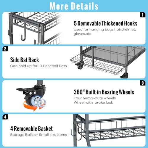 WUC Sports Equipment Garage Organizer - Garage Ball Storage Rack with Basket, Hooks and Rolling Cart for Sports Gear and Toy Storage, Grey - Image 4