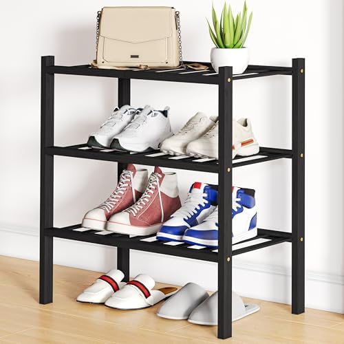 Smiry Bamboo Shoe Rack, 8 Vertical Slats, 3 Tier - 17.3" Wide, Black by Smiry