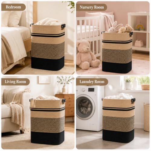 Laundry Hamper, Cotton Rope Laundry Basket with Leather Handles, 21.1-Gallon/80 L Large Clothes Hampers for Laundry, Woven Laundry Baskets for Blankets, Clothing, Bedroom, Living Room, Nursery - Image 6
