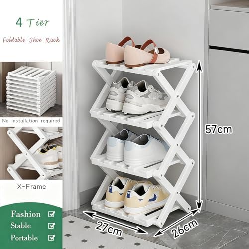 Vertical Small Shoe Rack White, 4 Tier Portable Folding Shoe Storage Rack, Without Installation Free Standing Shoe Rack for Corridors, Bedrooms Living Room Corner and Small Spaces - Image 2
