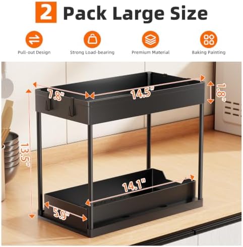 Simple Trending Under Sink Organizer 2 Pack, Sink Pull-Out Sliding Storage Cabinet, 2-Tier Under Shelf Organizer for Kitchen Bathroom, Black - Image 2
